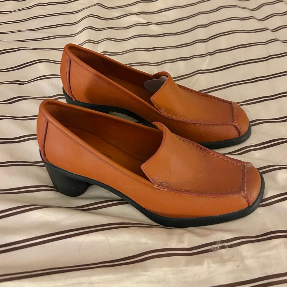 Camper Burnt Orange Leather Loafer Sttle with Block Heels